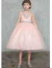 V Neck Beaded Tulle Flower Girl Dress